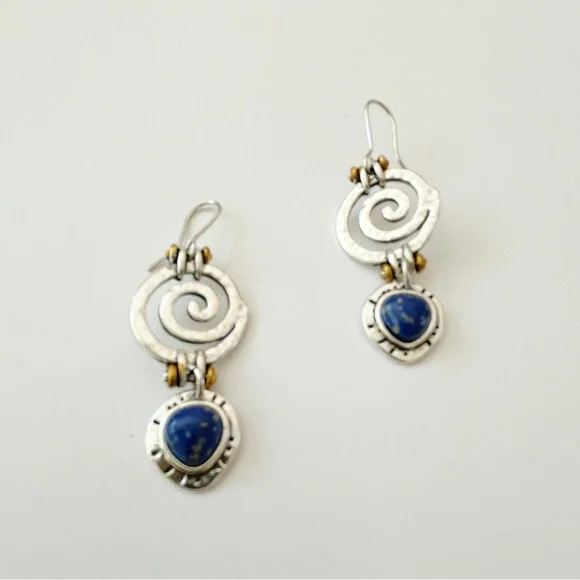 ⛔️SOLD⛔️ Natural Blue Lapis Lazuli Boho Handcrafted Silver Dangling Earrings NWT - Picture 5 of 12